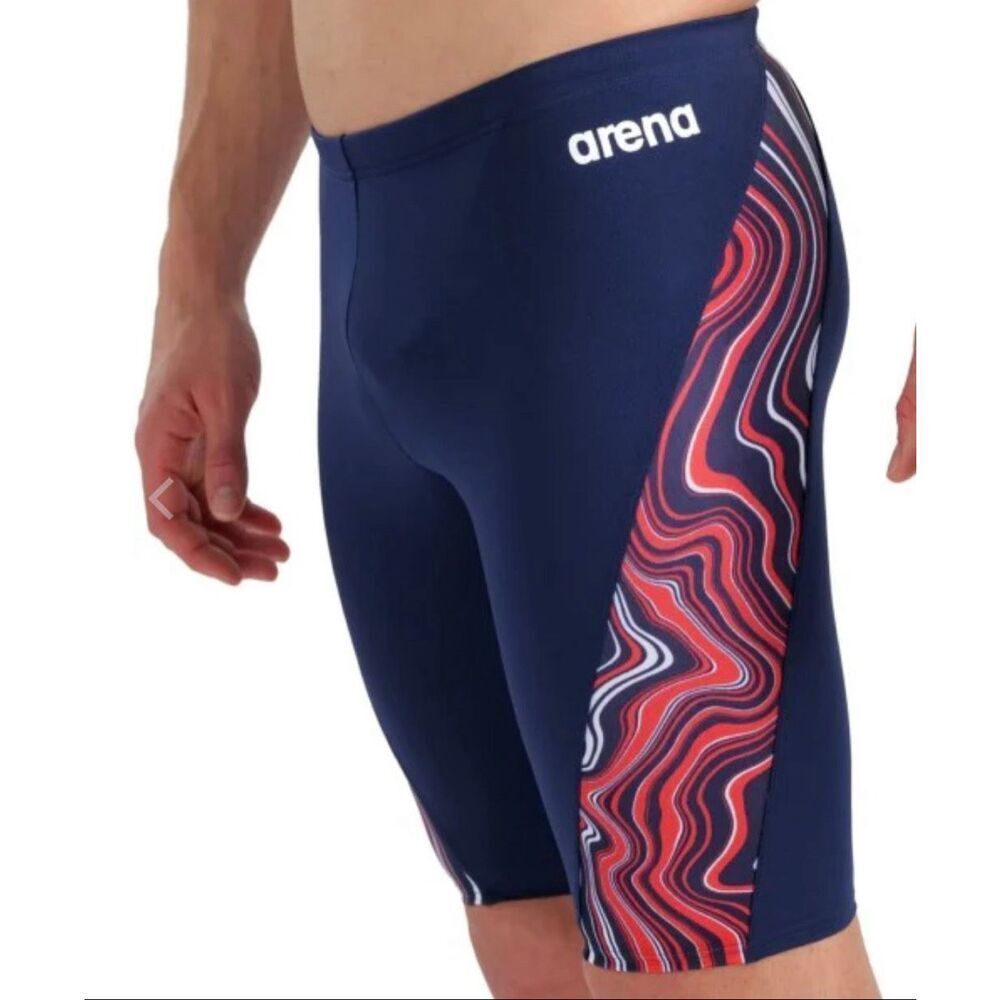 Arena Marbled Swim Jammers Bottom Navy Blue Red Competition Wear - Men’s US 32